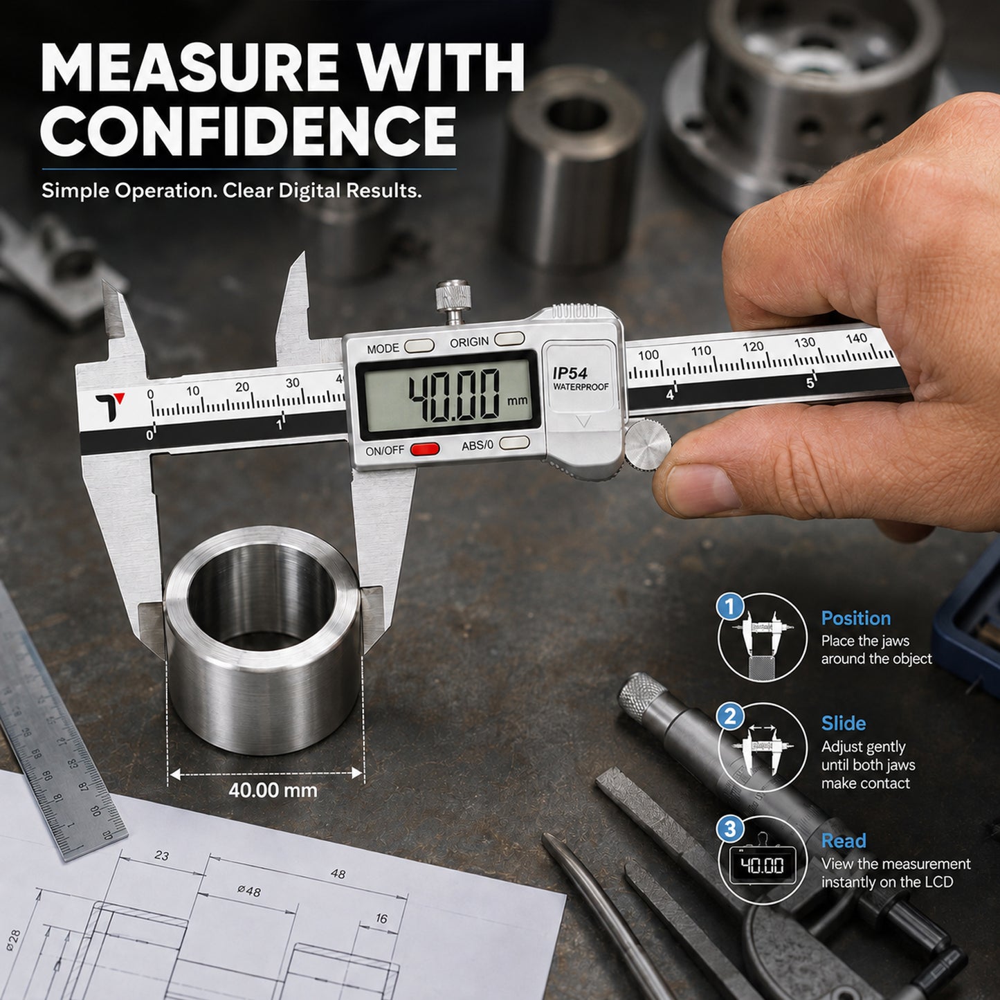 Themisto TH-M65 Digital Vernier Calliper (0–150mm) | Stainless Steel | LCD Display | 4 Measurement Modes | Inch/mm Conversion | Zero Setting | Precision Measuring Tool