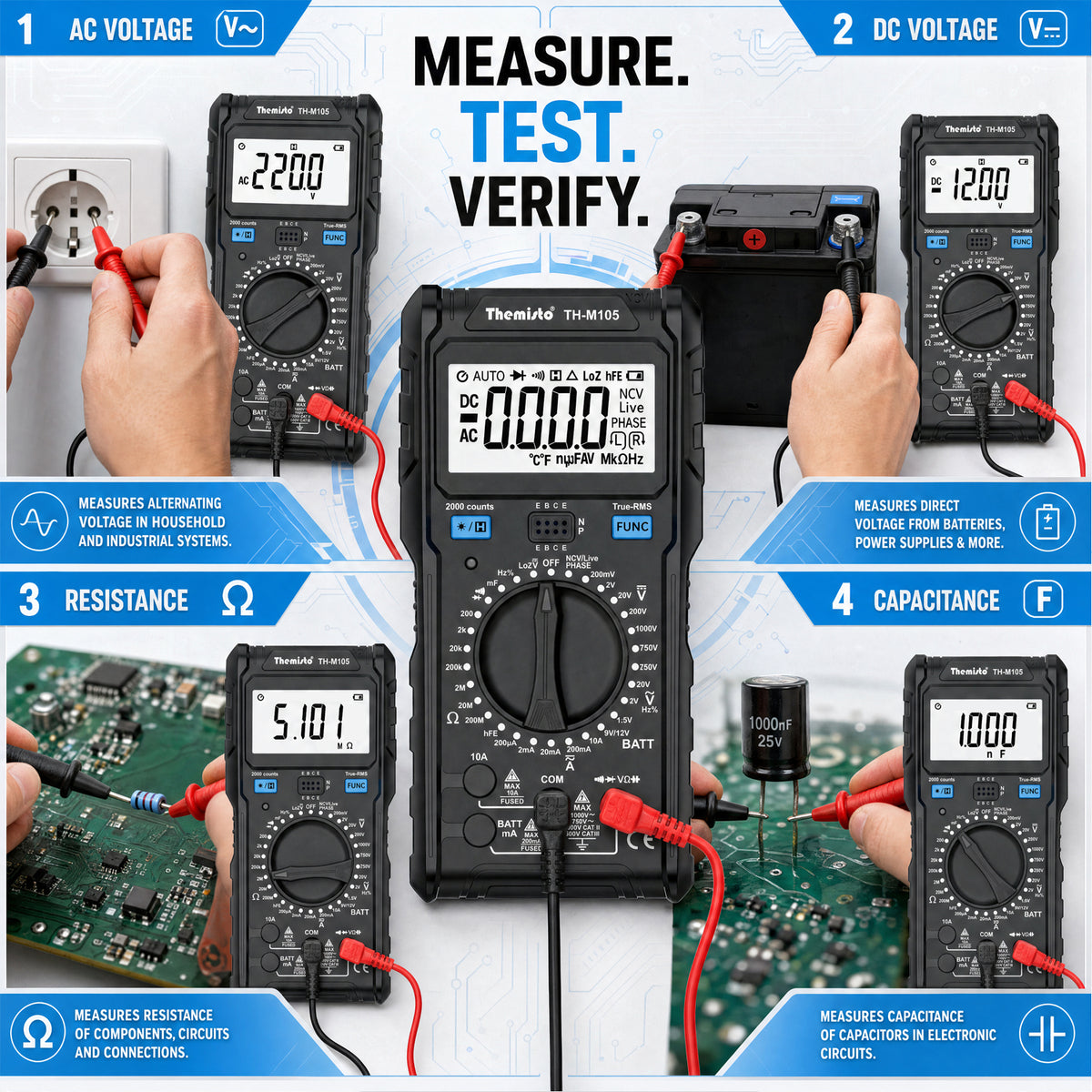 Themisto TH-M105 True RMS Digital Multimeter | 2000 Counts | AC/DC Voltage & Current | NCV | Live Phase Detection | Frequency & Temperature Tester