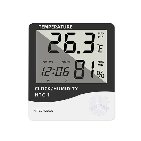 Aptechdeals HTC-1 Digital Hygrometer Thermometer Humidity Meter With Clock LCD Display
