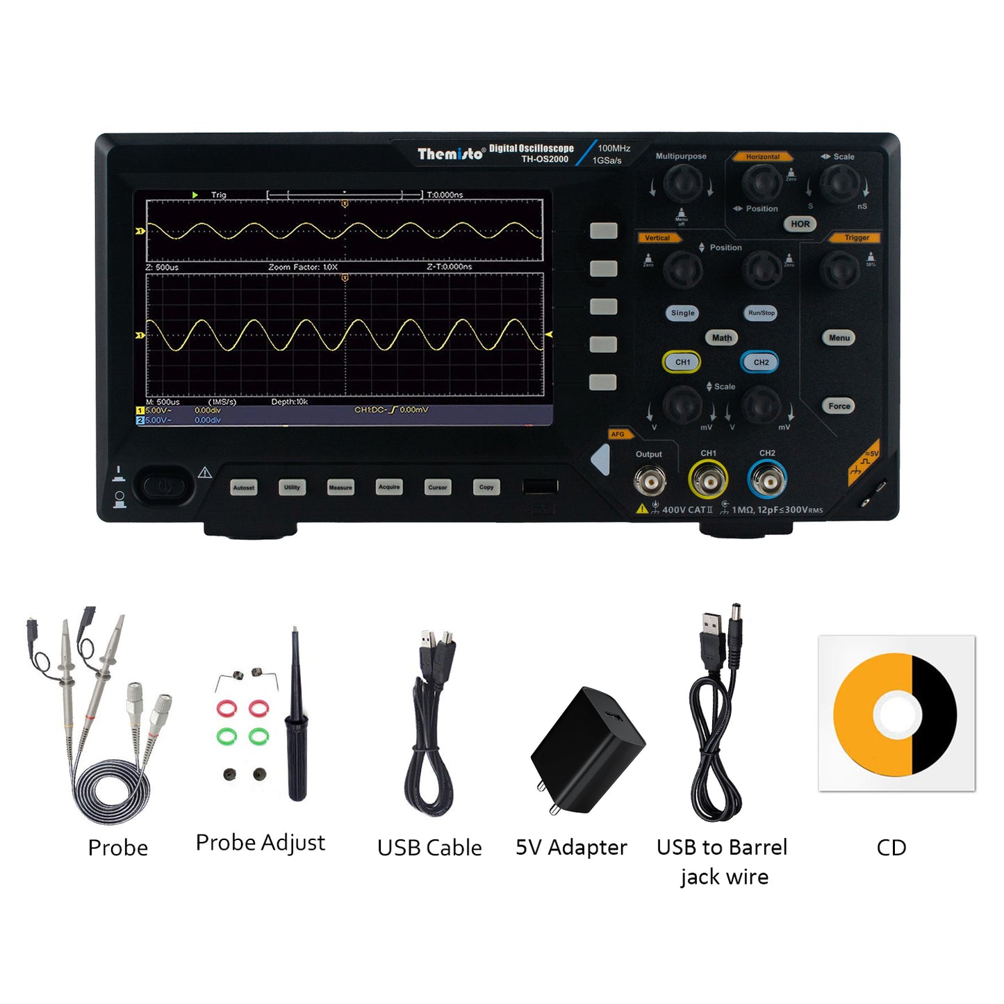 Themisto TH-OS2000 2-Channel Digital Oscilloscope 100MHz Bandwidth 1GSa/s Sampling Rate with Function Generator