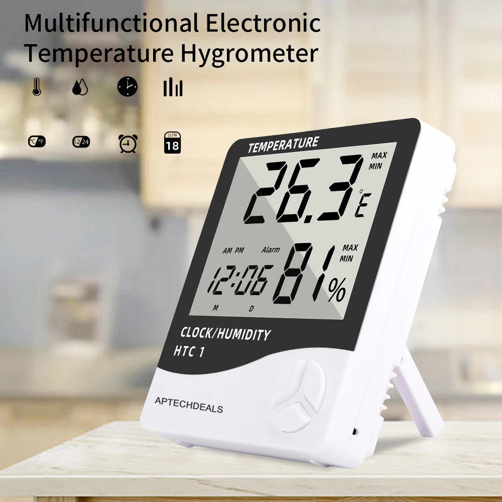 Themisto HTC-1 Digital Hygrometer Thermometer Humidity Meter With Clock LCD Display