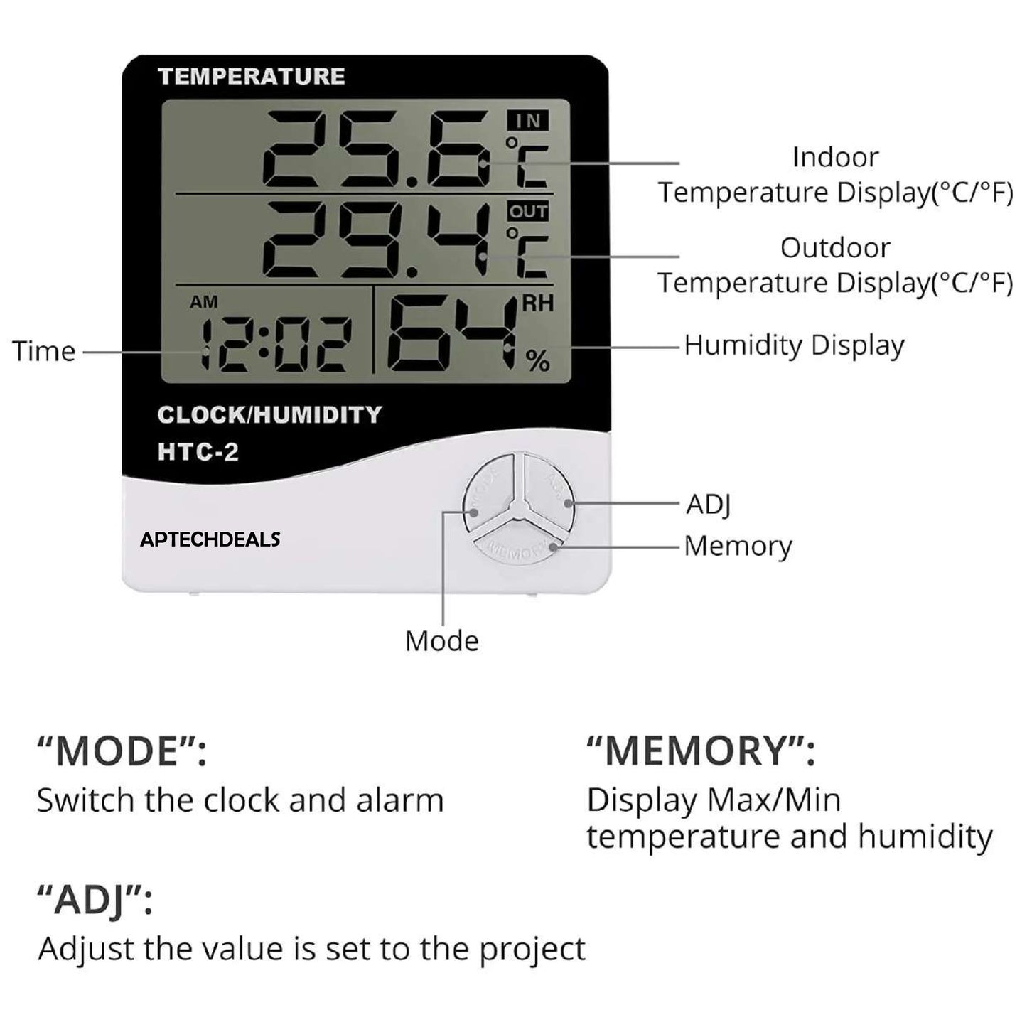 ApTechDeals Digital Hygrometer Thermometer Humidity Meter With Clock LCD Display (HTC2)