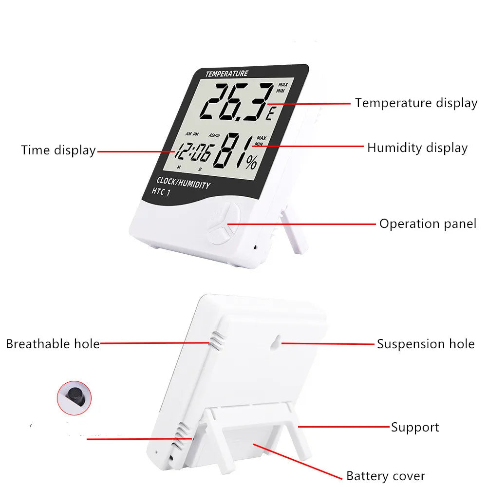 Aptechdeals HTC-1 Digital Hygrometer Thermometer Humidity Meter With Clock LCD Display