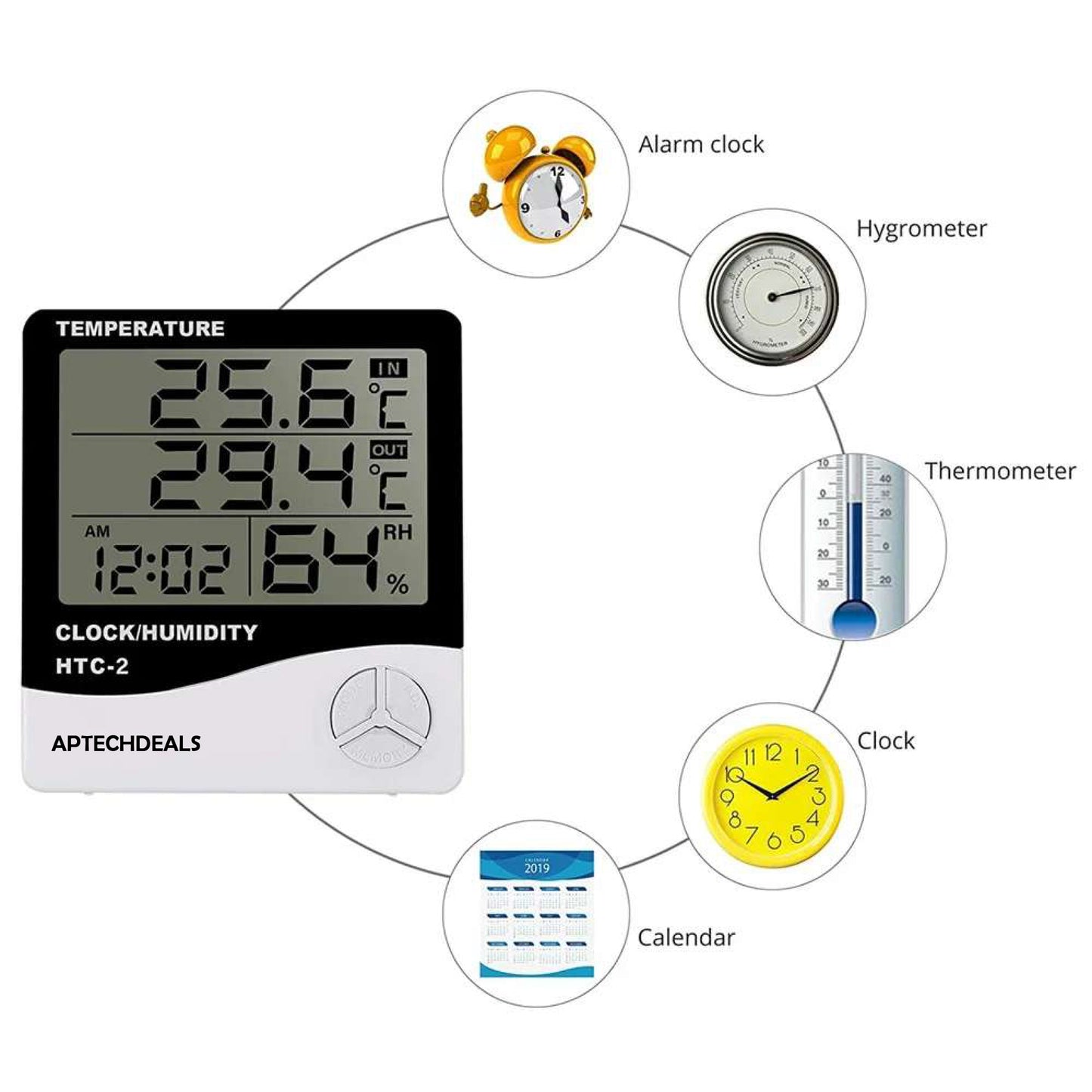 ApTechDeals Digital Hygrometer Thermometer Humidity Meter With Clock LCD Display (HTC2)