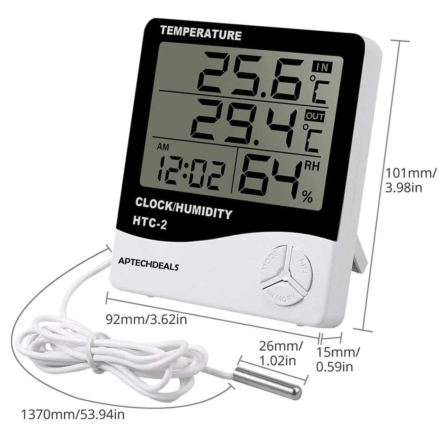 ApTechDeals Digital Hygrometer Thermometer Humidity Meter With Clock LCD Display (HTC2)