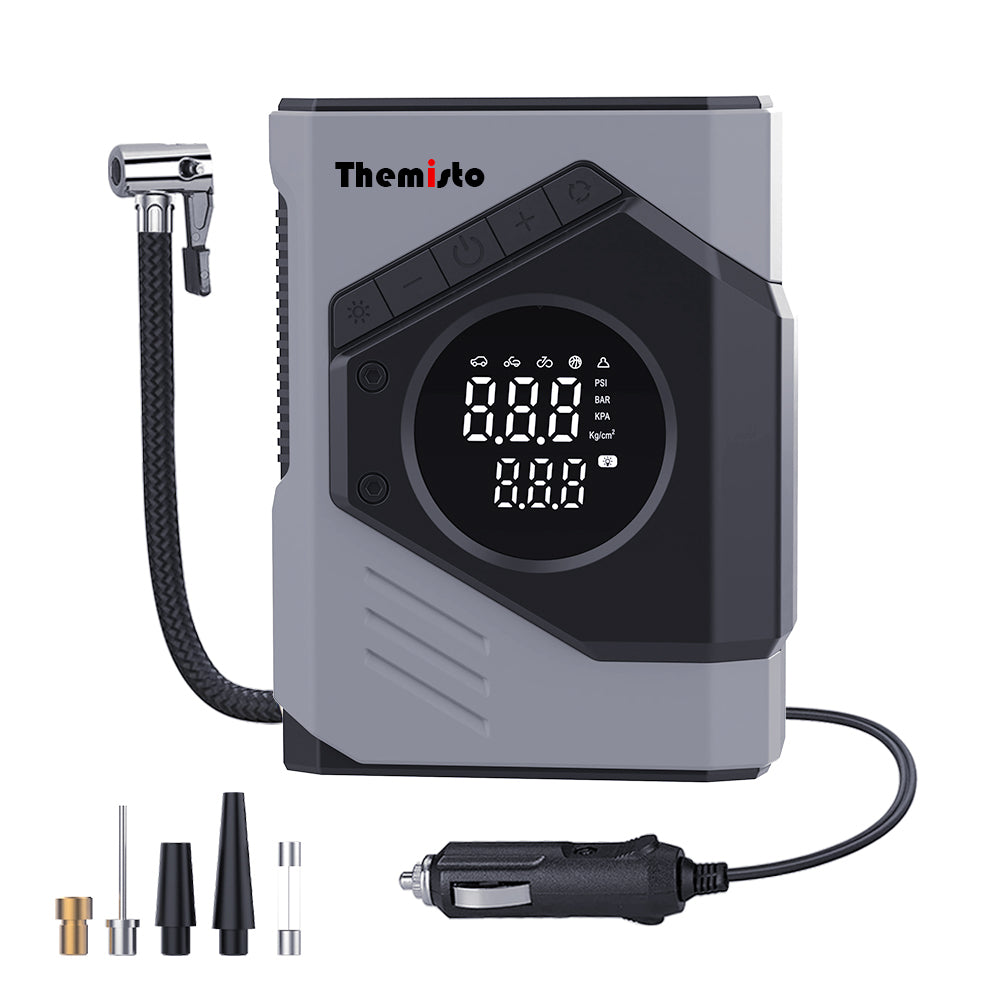 Themisto TH-TY03 Corded Tyre Inflator 12V DC - 150 PSI with Digital Tyre Pressure Gauge & LED Light I Portable Air Compressor I Car, Motorcycle, Bicycles & Other Inflatables