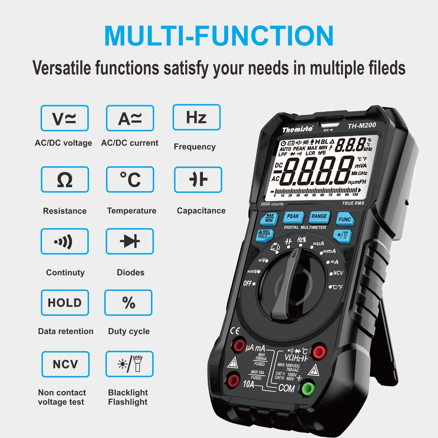 Themisto TH-M200 AC/DC Current, Autorange with Smart Input light Indication Digital Multimeter (Black 10000 counts)