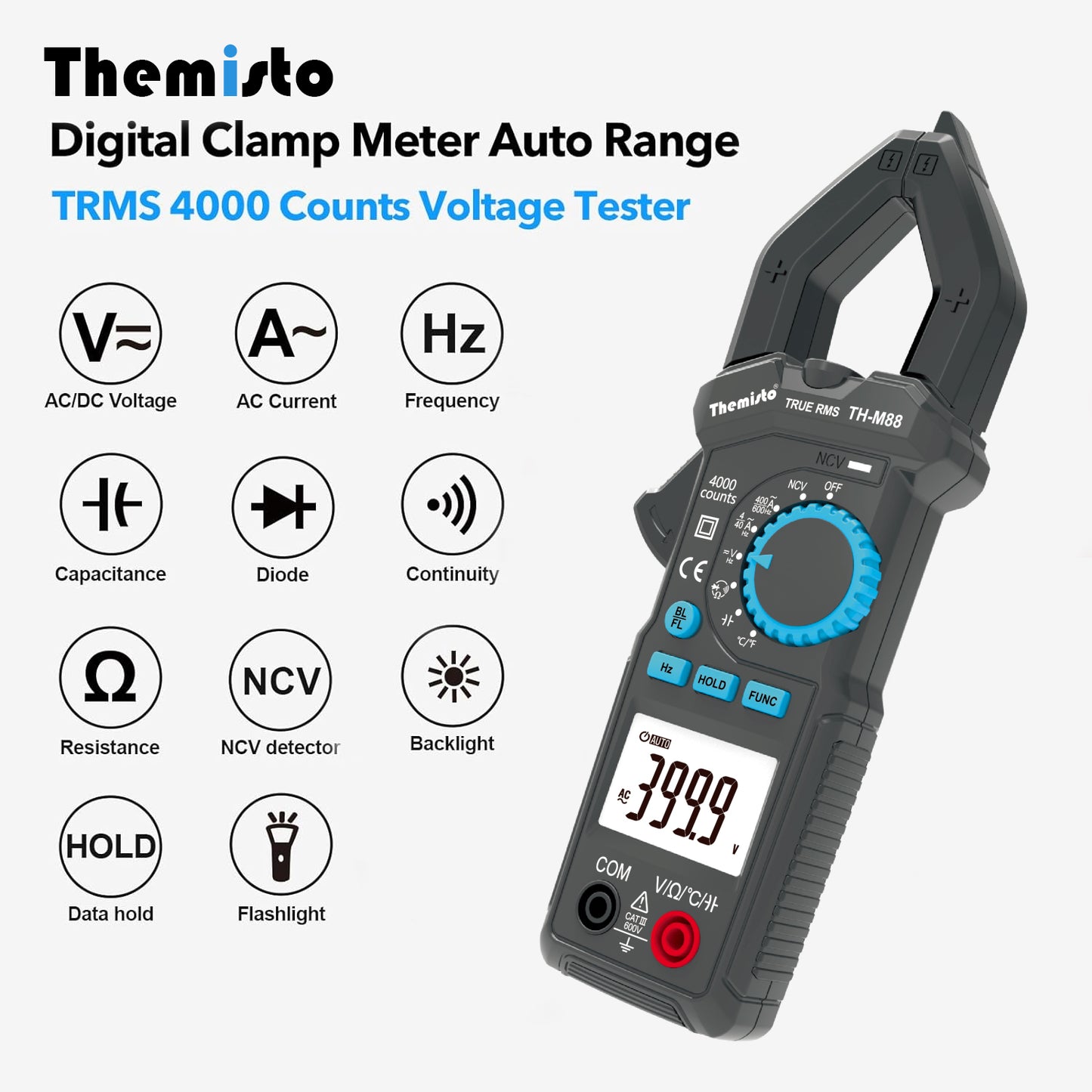 Themisto TH-M88 True RMS Digital Clamp Meter (600A,4000 Counts)