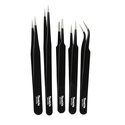 Themisto - built with passion 5 in 1 Stainless Steel Tweezer Set (Powder Coated), Black