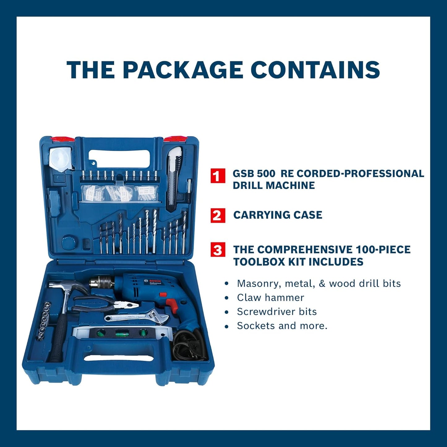 BOSCH Professional GSB 500 RE Corded-Electric Drill Tool Set | 500 W Motor | 100-piece Tools Box Kit | Speed Range upto 2600 RPM | Impact Rate upto 41600 BPM | Chuck Capacity of 10 mm | 1 Yr Warranty