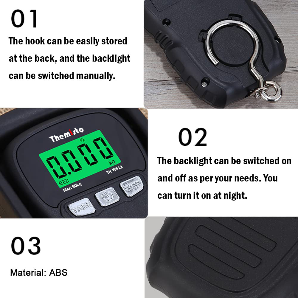 Themisto TH-WS12 Digital Hanging Travel Luggage Scale with Strap, 50kg Capacity