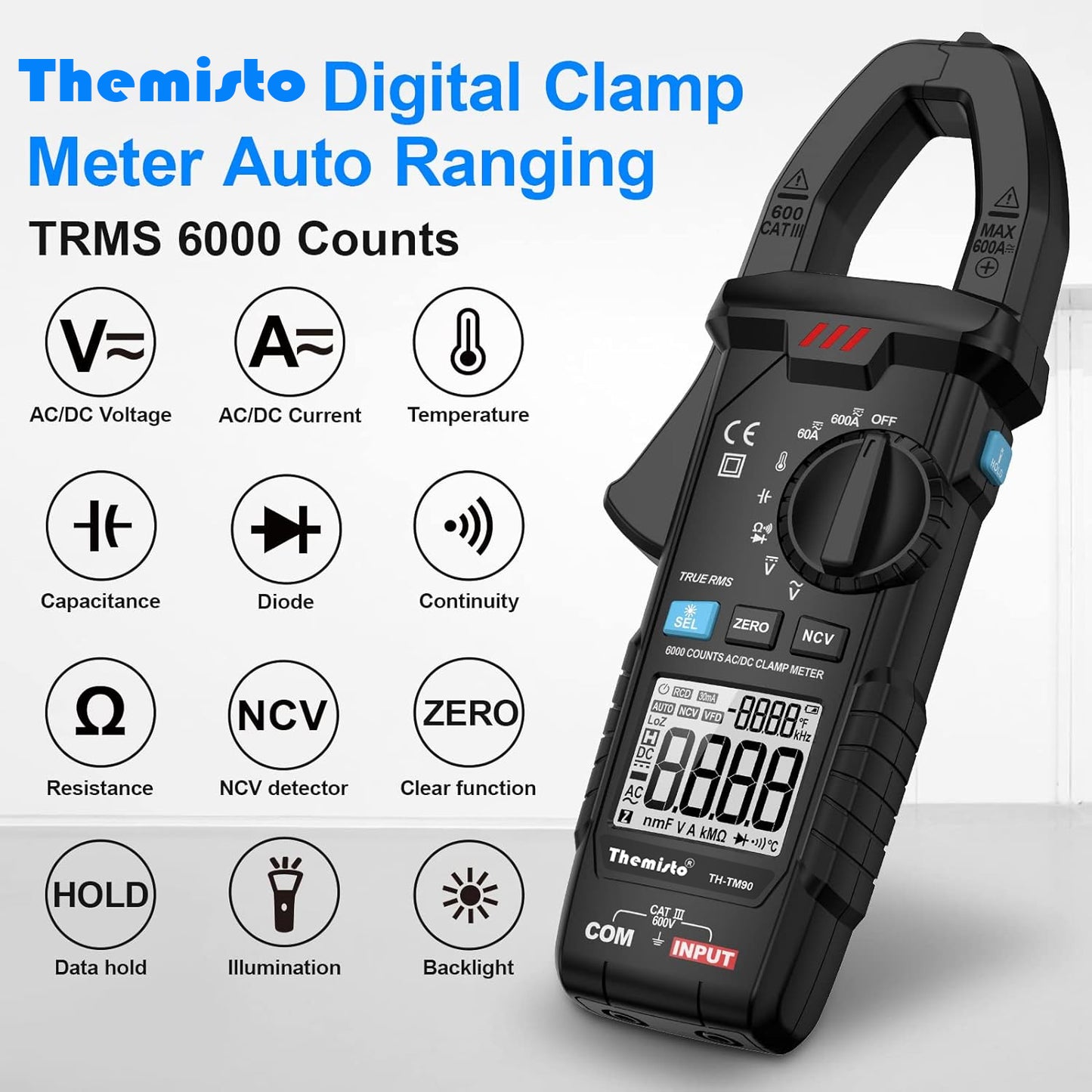 Themisto TH-M90 Auto Range, AC/DC Current, True RMS Digital Clamp Meter (600A,6000 Counts)
