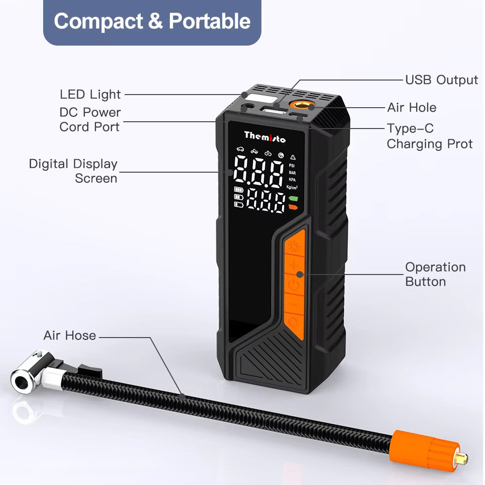 Themisto TH-TY04 Cordless Tyre Inflator 150 PSI, Dual Mode (6000mAh Battery & 12V Port), Pressure Gauge & LED SOS flashLight I Portable Air Compressor I Car, Motorcycle, Bicycles & Other Inflatables