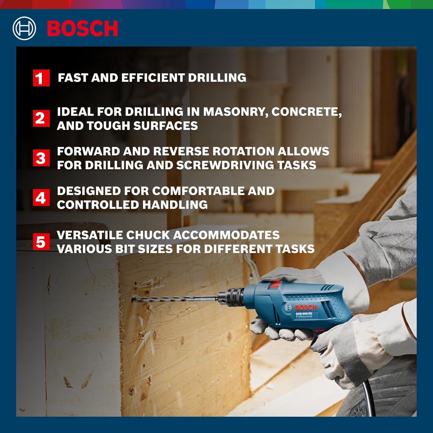 BOSCH Professional GSB 500 RE Corded-Electric Drill Tool Set | 500 W Motor | 100-piece Tools Box Kit | Speed Range upto 2600 RPM | Impact Rate upto 41600 BPM | Chuck Capacity of 10 mm | 1 Yr Warranty