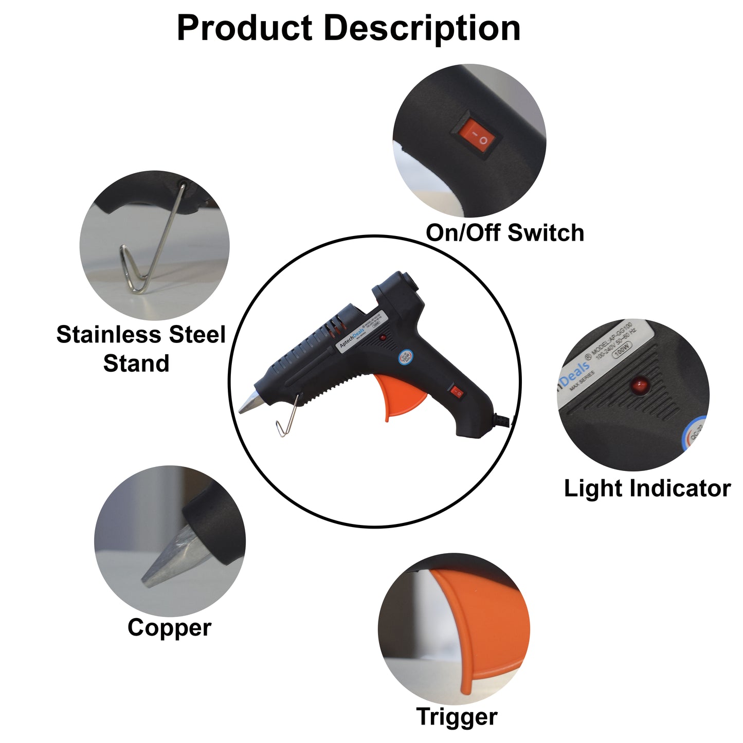 Aptechdeals (AP-GG100) 100W Hot Melt Glue Gun for Arts and Crafts, DIY Projects with 5 glue sticks.