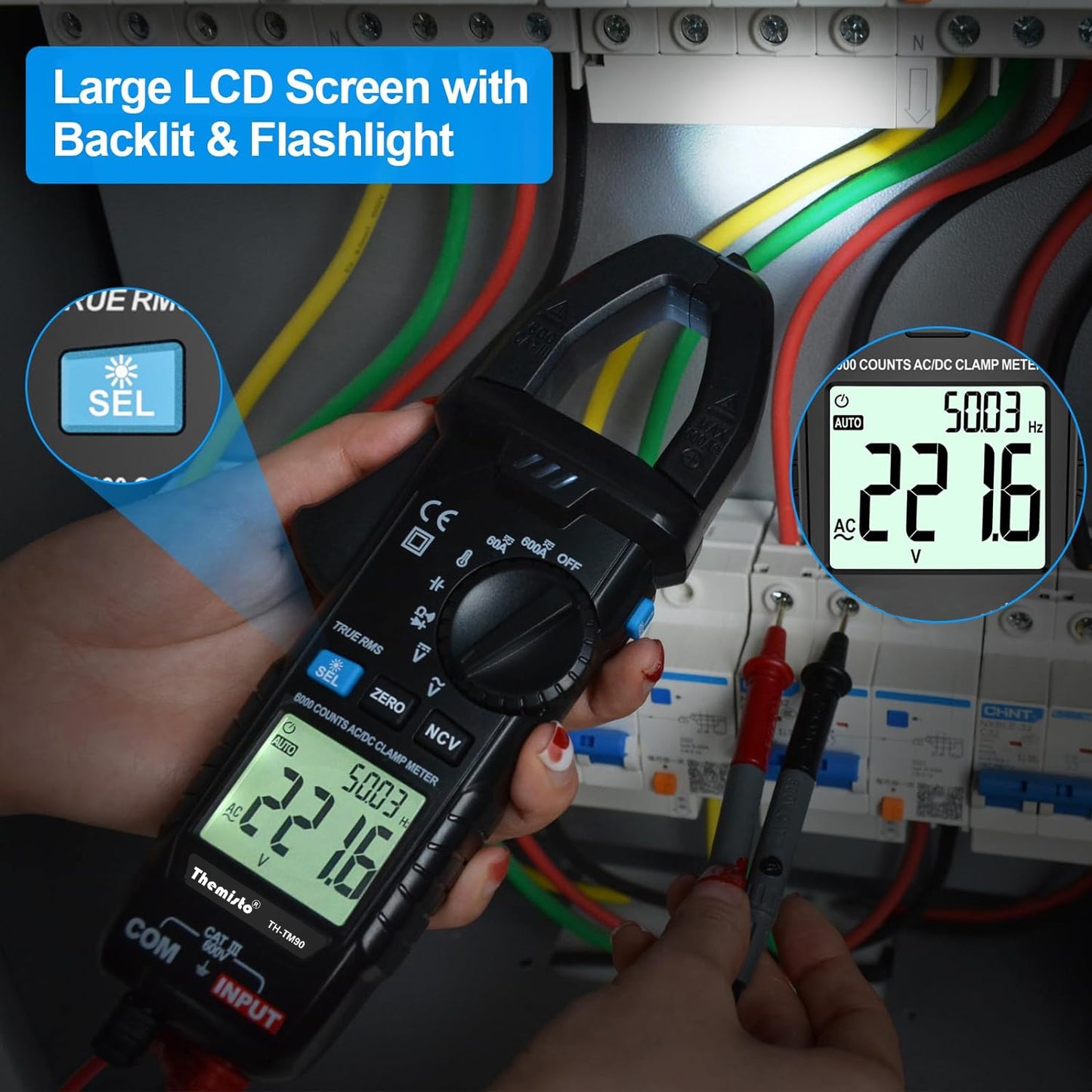 Themisto TH-M90 Auto Range, AC/DC Current, True RMS Digital Clamp Meter (600A,6000 Counts)