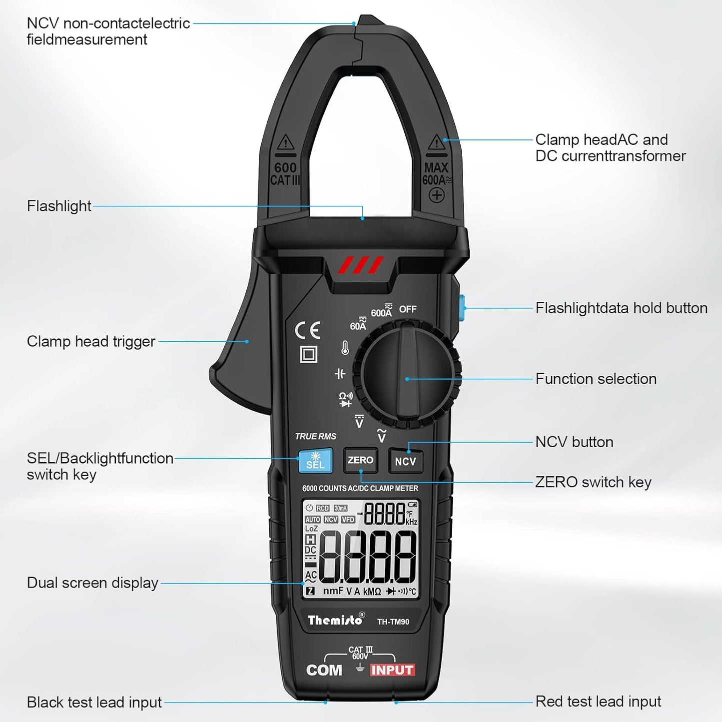 Themisto TH-M90 Auto Range, AC/DC Current, True RMS Digital Clamp Meter (600A,6000 Counts)