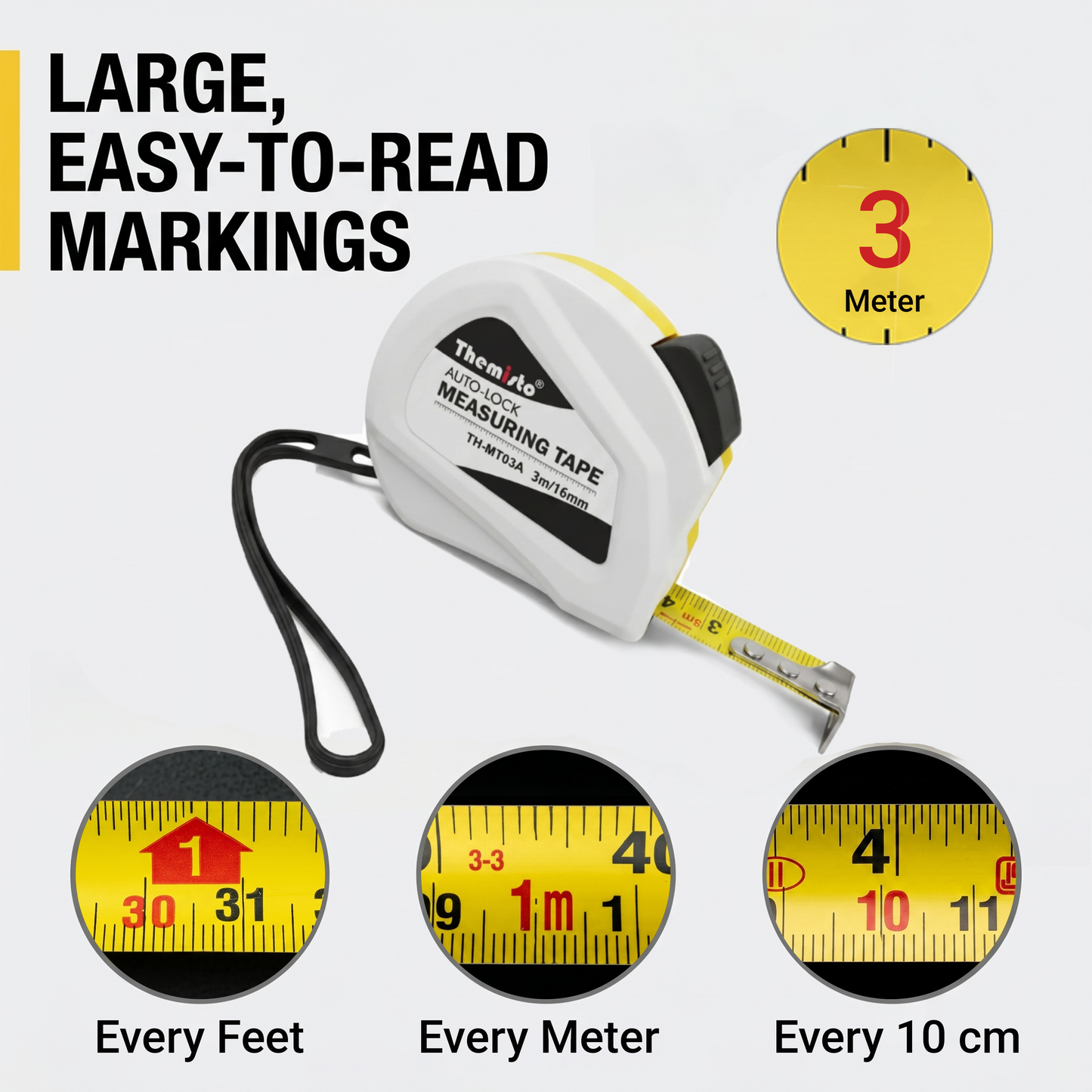 Themisto TH-MT03A 3m Auto Lock Measuring Tape | Steel Blade Tape Measure | 16mm Wide Scale | Easy Read Markings | One Button Retract | Wrist Strap | Belt Clip
