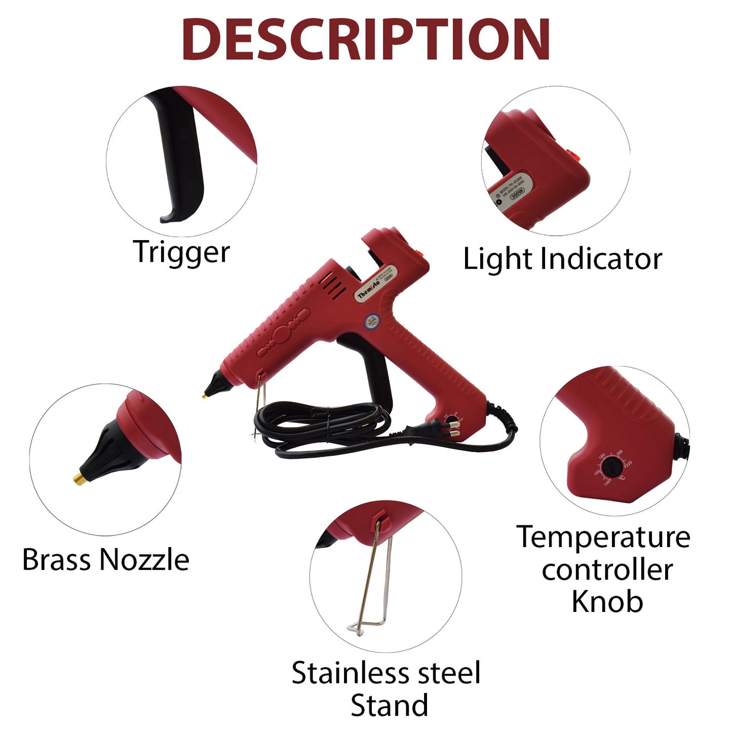 Themisto Th-GG300 Corded Electric Multi- Temperature Hot Melt Glue Gun With 5 Super Strong Gumming Glue Sticks |300 Watts|