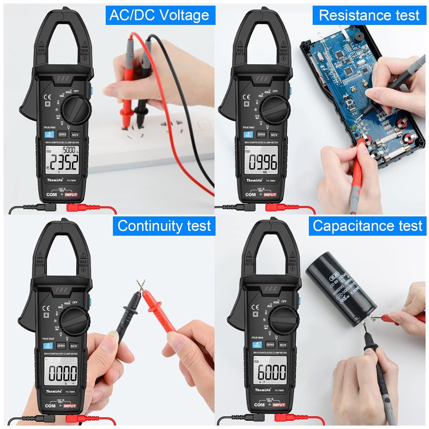Themisto TH-M90 Auto Range, AC/DC Current, True RMS Digital Clamp Meter (600A,6000 Counts)