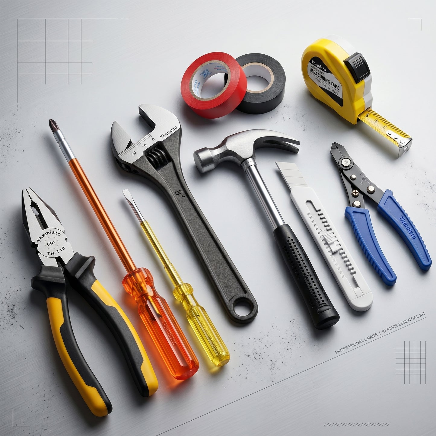 THEMISTO TH-TK04 | 10 IN 1 | Hand Tool Kit ( 8" Plier, 8" Wrench, 8" Hex Screwdriver, Electric Tester, Wire Stripper, Paper Cutter, 400g Claw hammer, 3m Measuring Tape, Black & Red Insulation Tape
