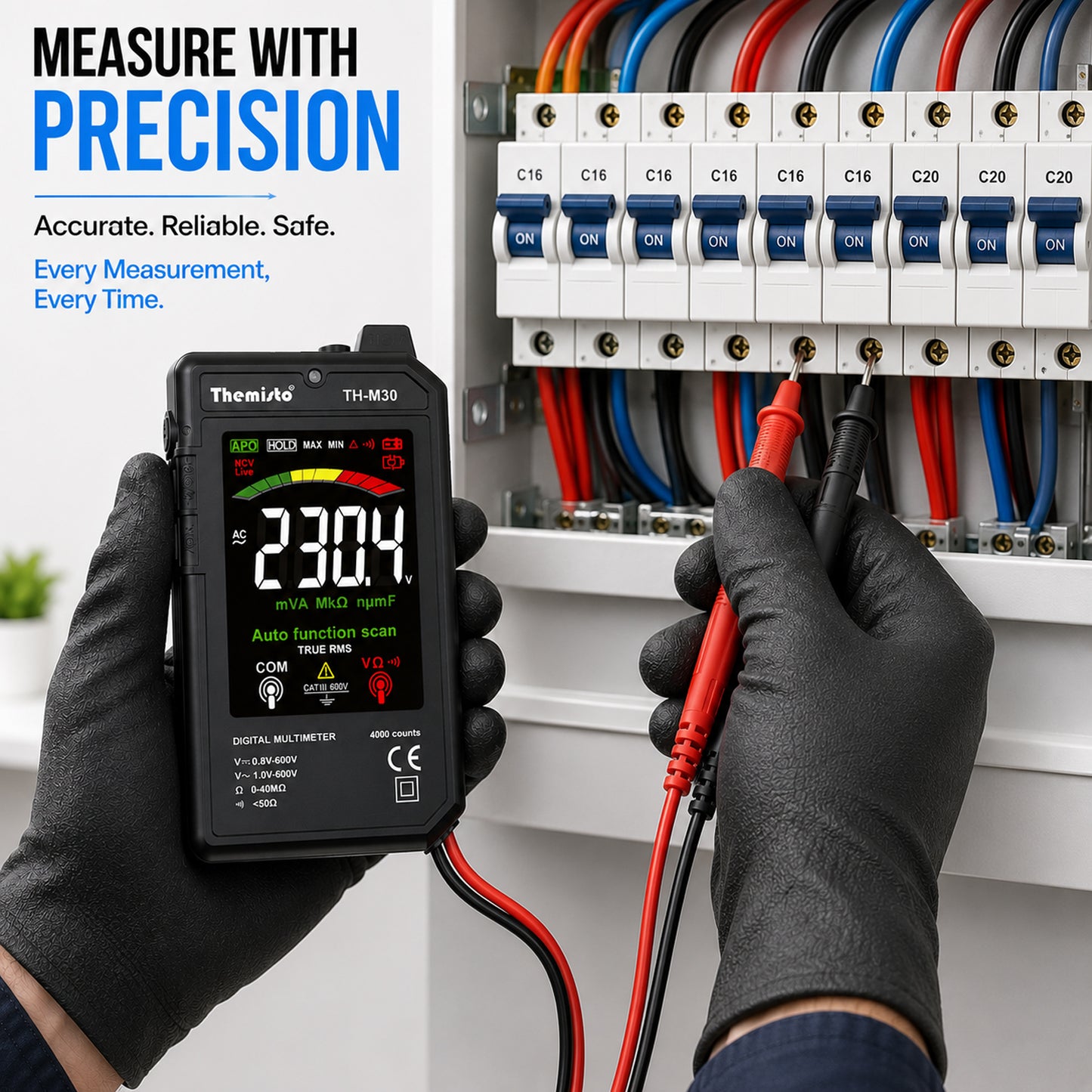 Themisto TH-M30 Smart Digital Multimeter | True RMS | 4000 Counts | Auto Function Scan | NCV Live Detection | AC/DC Voltage Tester | Resistance, Continuity Tester | LCD Display with Test Leads