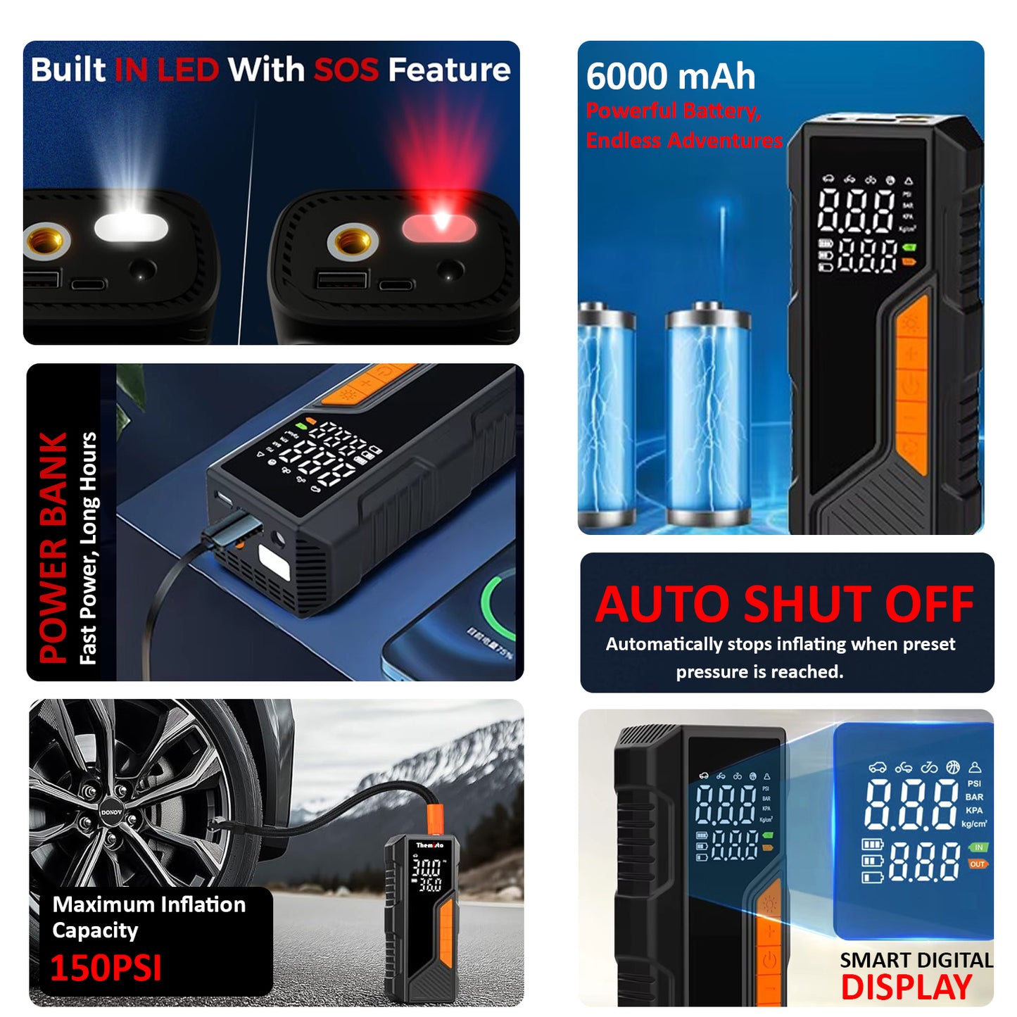 Themisto TH-TY04 Cordless Tyre Inflator 150 PSI, Dual Mode (6000mAh Battery & 12V Port), Pressure Gauge & LED SOS flashLight I Portable Air Compressor I Car, Motorcycle, Bicycles & Other Inflatables