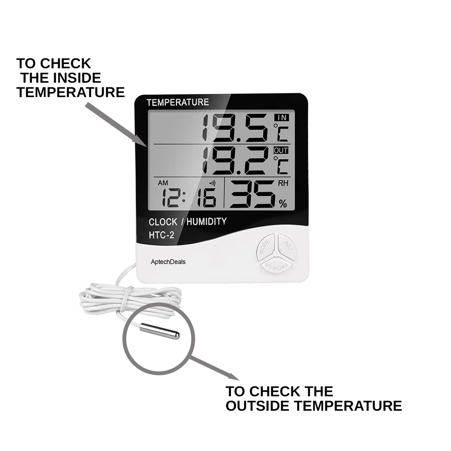 ApTechDeals Digital Hygrometer Thermometer Humidity Meter With Clock LCD Display (HTC2)