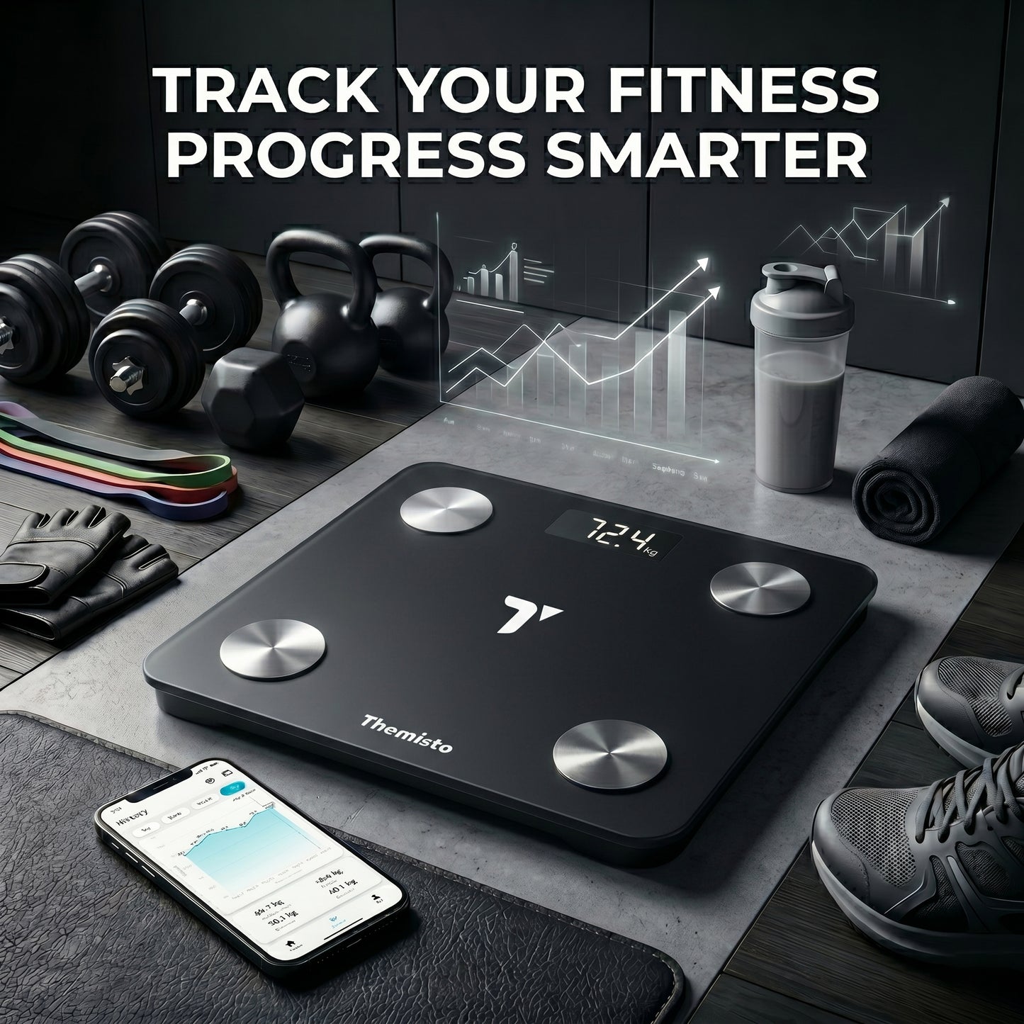 Themisto TH-WS100 Smart Body Weight Scale | Bluetooth App Sync |17 Body Parameters | Multi User Support | Accurate Tracking Ideal for Home and Gym Fitness | Black