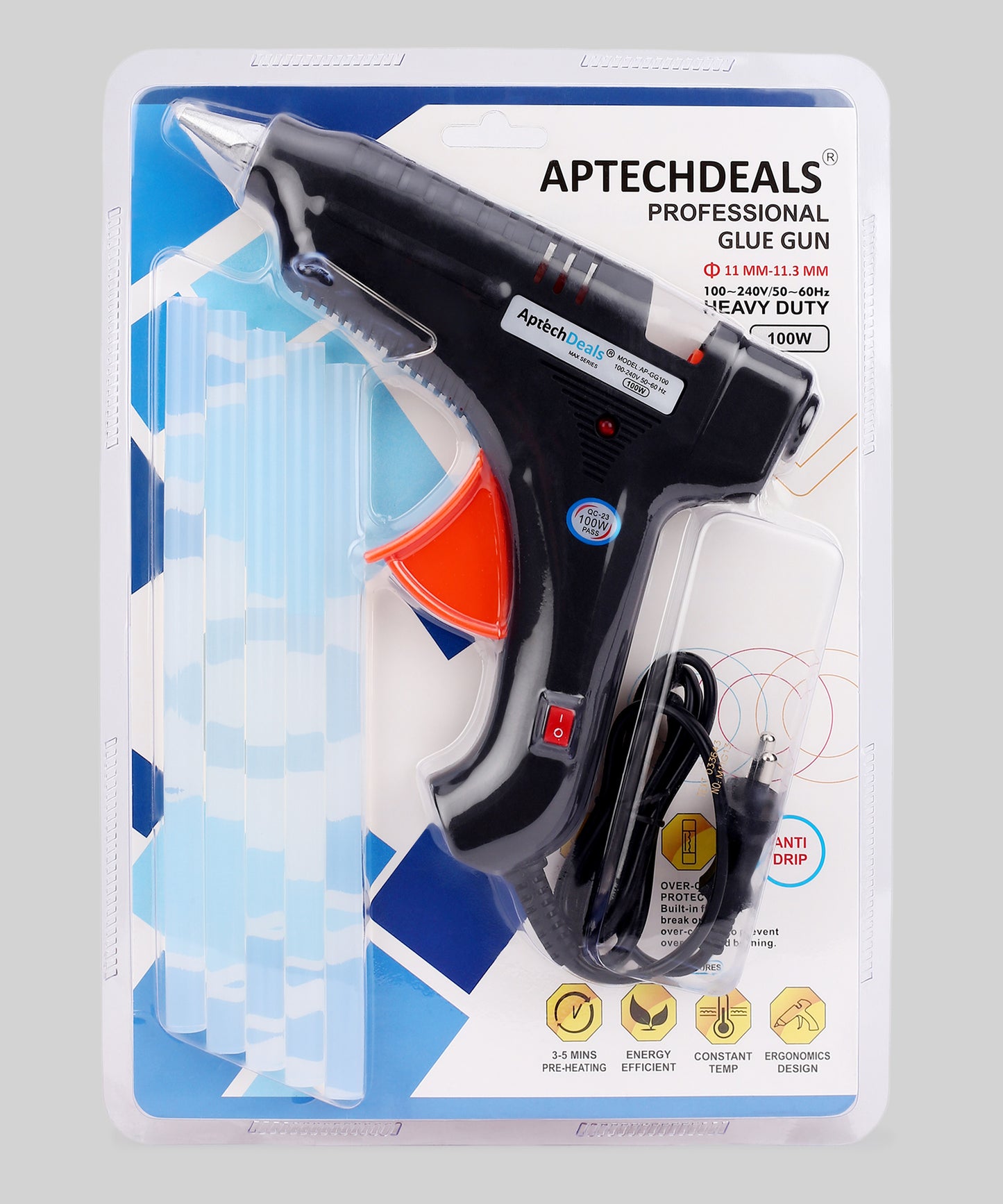 Aptechdeals (AP-GG100) 100W Hot Melt Glue Gun for Arts and Crafts, DIY Projects with 5 glue sticks.