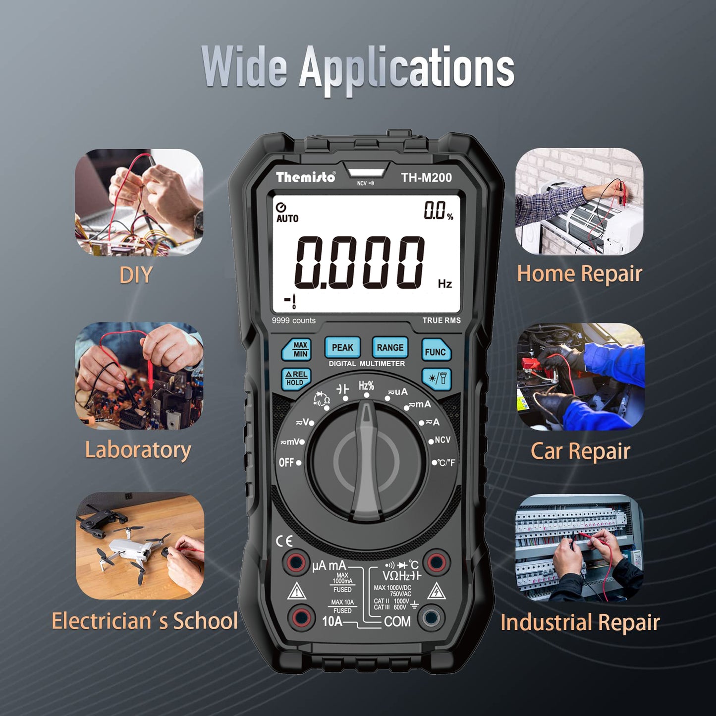 Themisto TH-M200 AC/DC Current, Autorange with Smart Input light Indication Digital Multimeter (Black 10000 counts)