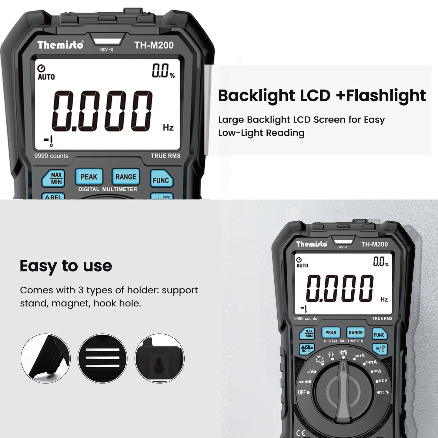 Themisto TH-M200 AC/DC Current, Autorange with Smart Input light Indication Digital Multimeter (Black 10000 counts)