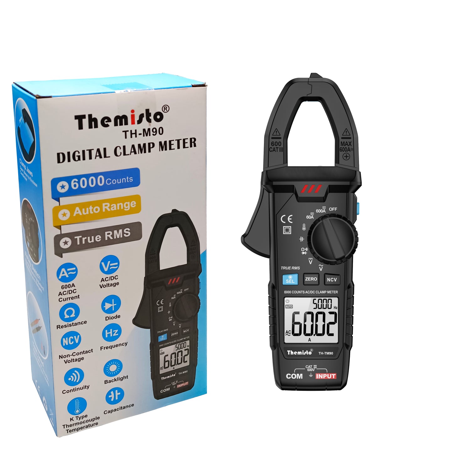 Themisto TH-M90 Auto Range, AC/DC Current, True RMS Digital Clamp Meter (600A,6000 Counts)