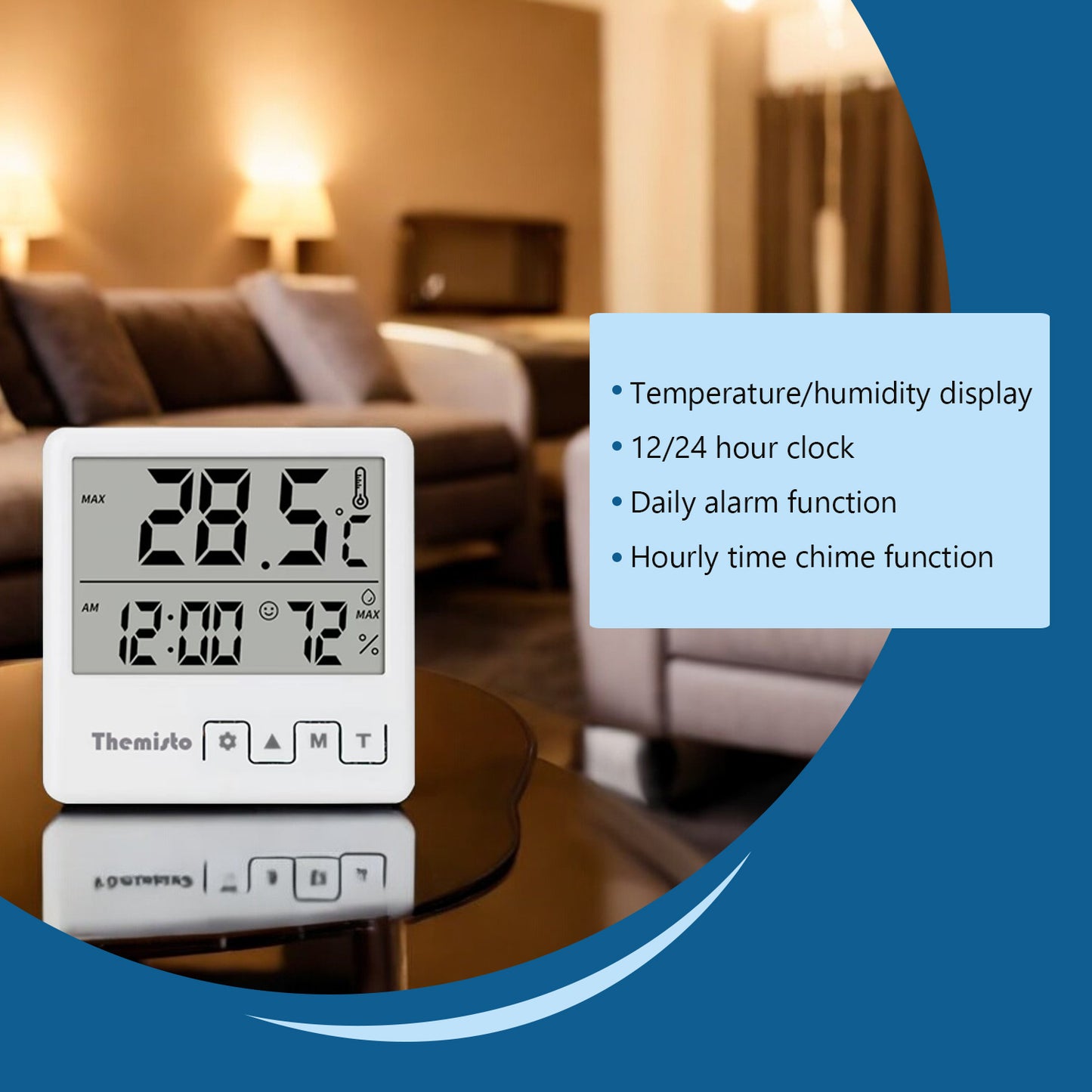 Themisto TH-HTC4 Digital Hygrometer Thermometer Humidity Meter With Clock LCD Display