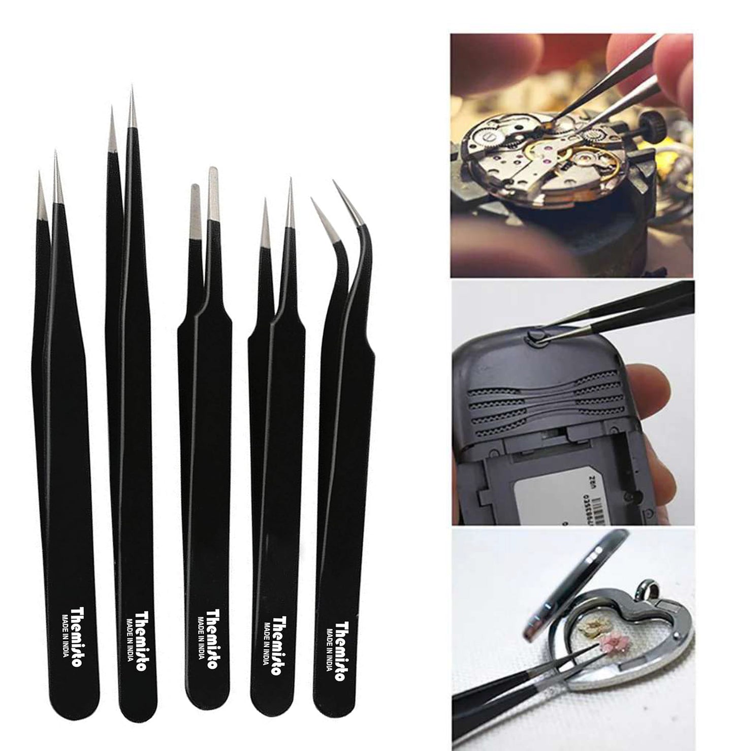 Themisto - built with passion 5 in 1 Stainless Steel Tweezer Set (Powder Coated), Black