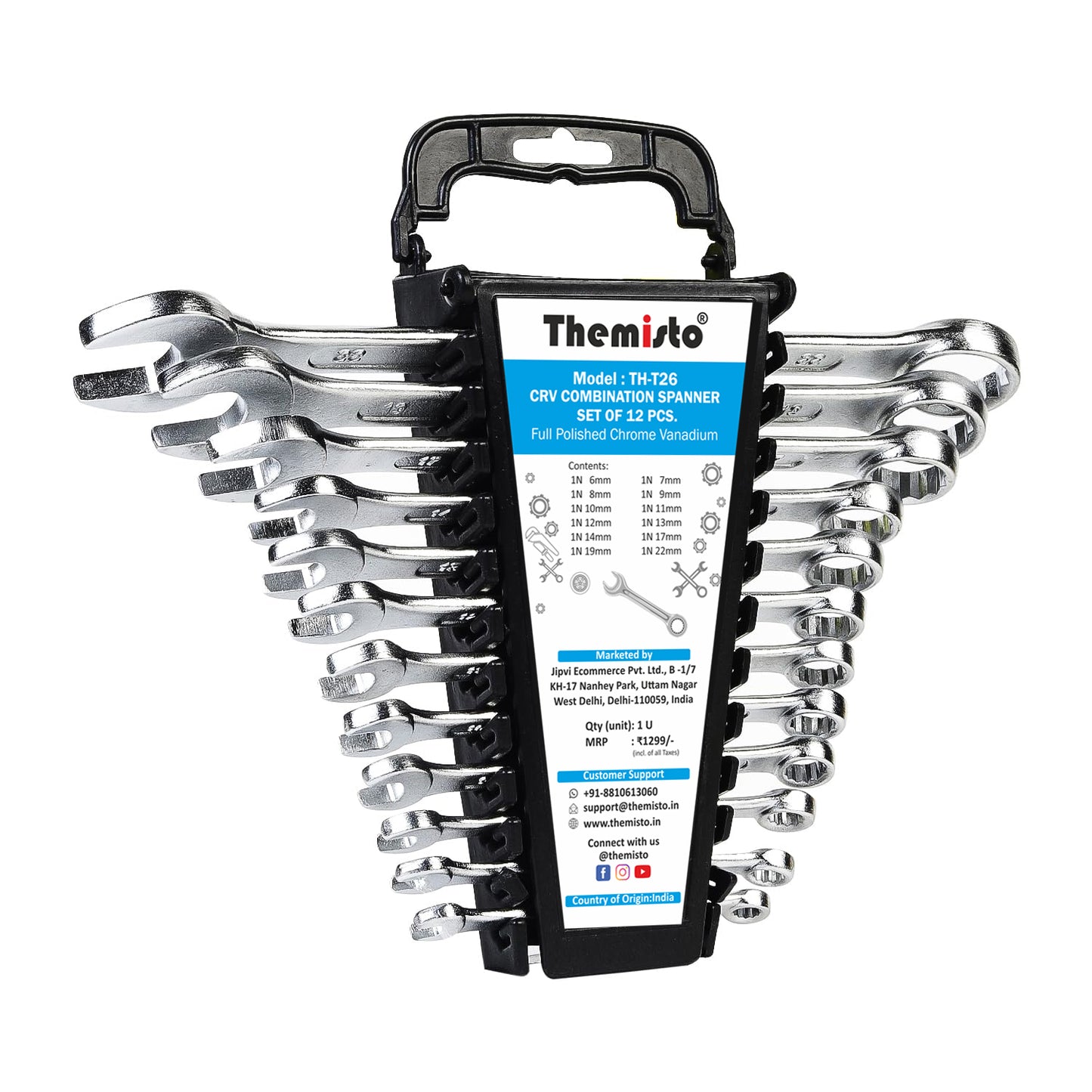 THEMISTO TH-T26 12 Pcs Combination Spanner Set | Open Jaw and Ring Spanners | Chrome Plated Durable Steel Wrench Tool Kit