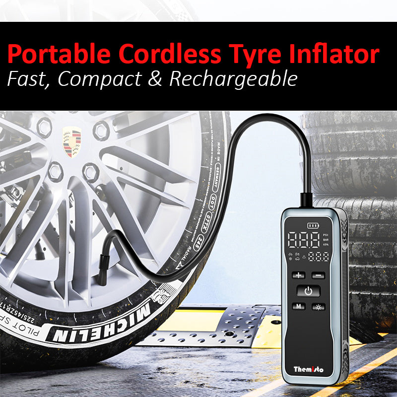 Themisto TH-TY02 Cordless Tyre Inflator 150 PSI , Dual Mode (6000mAh Battery & 12V Port), Pressure Gauge & LED SOS flashLight I Portable Air Compressor I Car, Motorcycle, Bicycles & OtherĀ Inflatables
