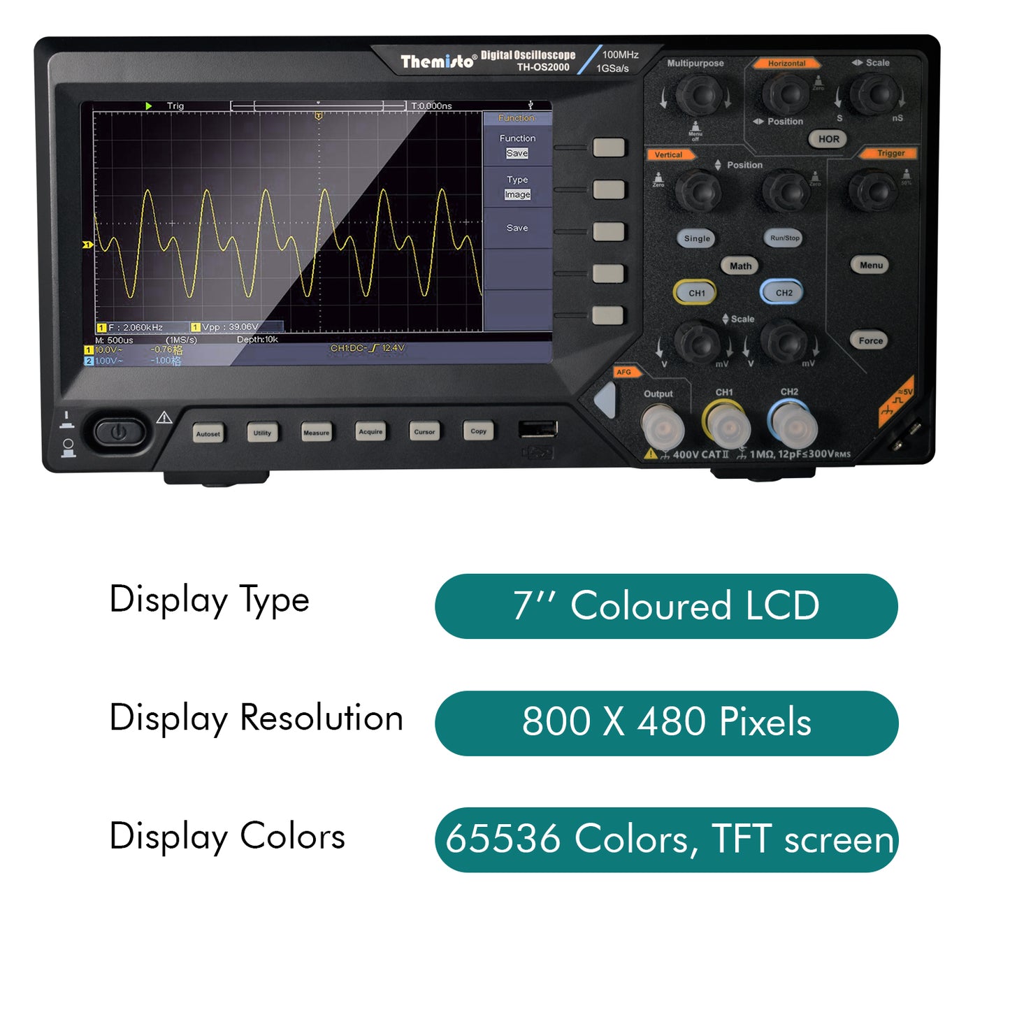 Themisto TH-OS2000 2-Channel Digital Oscilloscope 100MHz Bandwidth 1GSa/s Sampling Rate with Function Generator