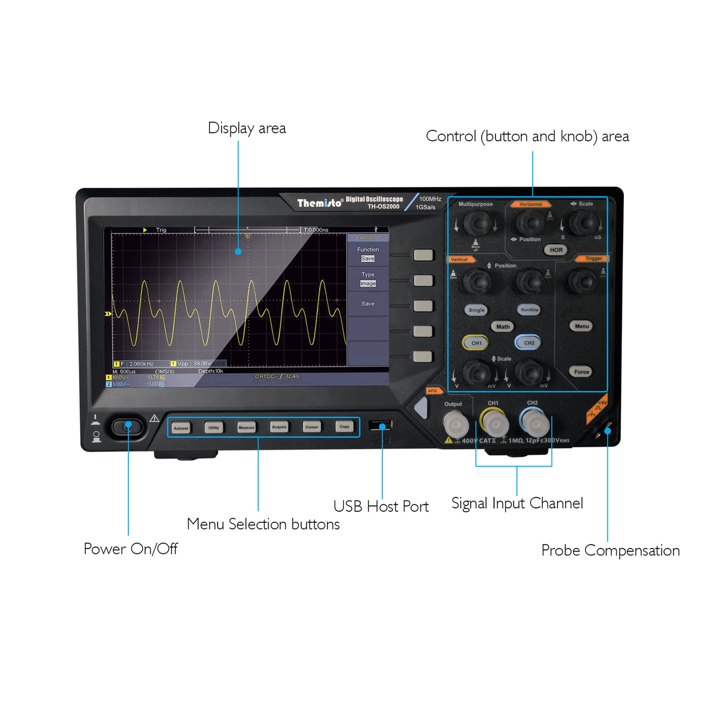 Themisto TH-OS2000 2-Channel Digital Oscilloscope 100MHz Bandwidth 1GSa/s Sampling Rate with Function Generator