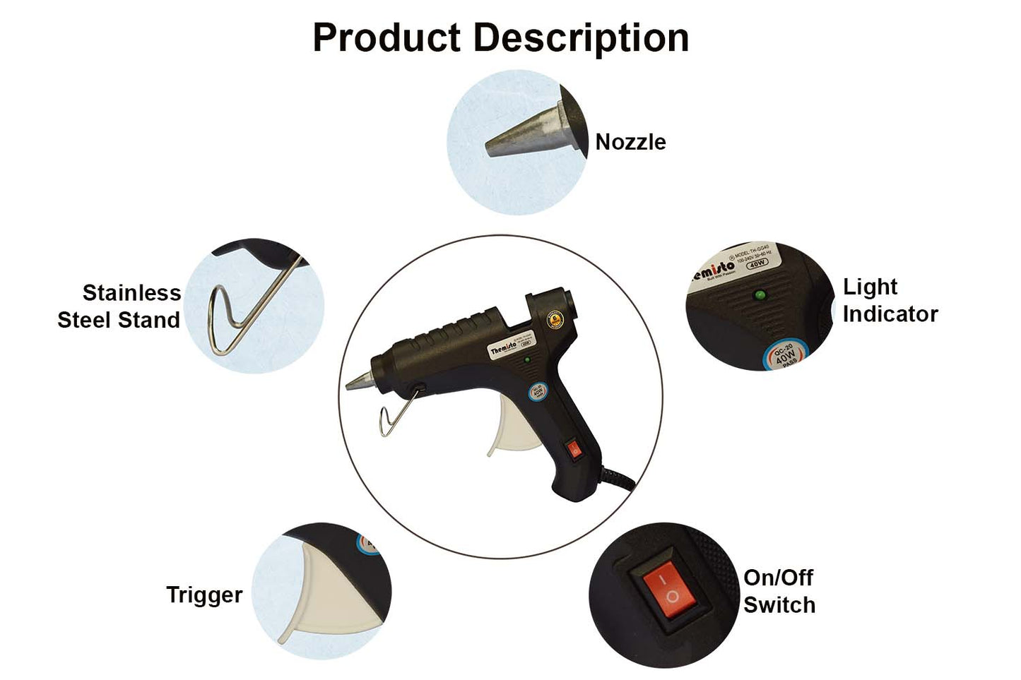 Themisto 40W Hot Melt Glue Gun with Anti Drip for Arts and Crafts, DIY Projects (Black) -5 Pieces