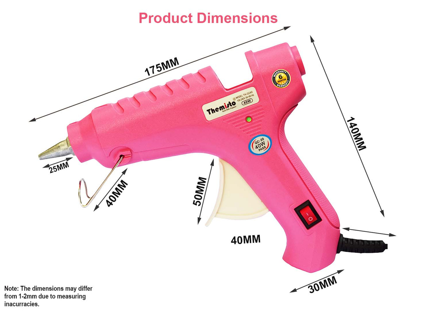 Themisto 40W Anti-Drip Glue Gun with 5 Piece Sticks (Pink)
