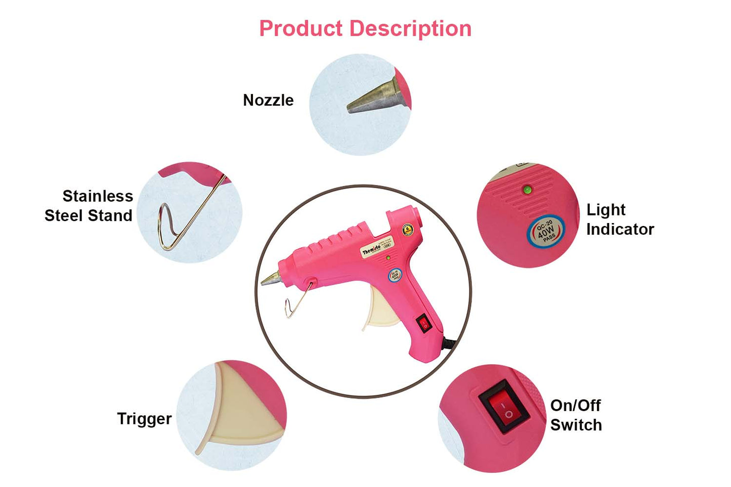 Themisto 40W Anti-Drip Glue Gun with 5 Piece Sticks (Pink)