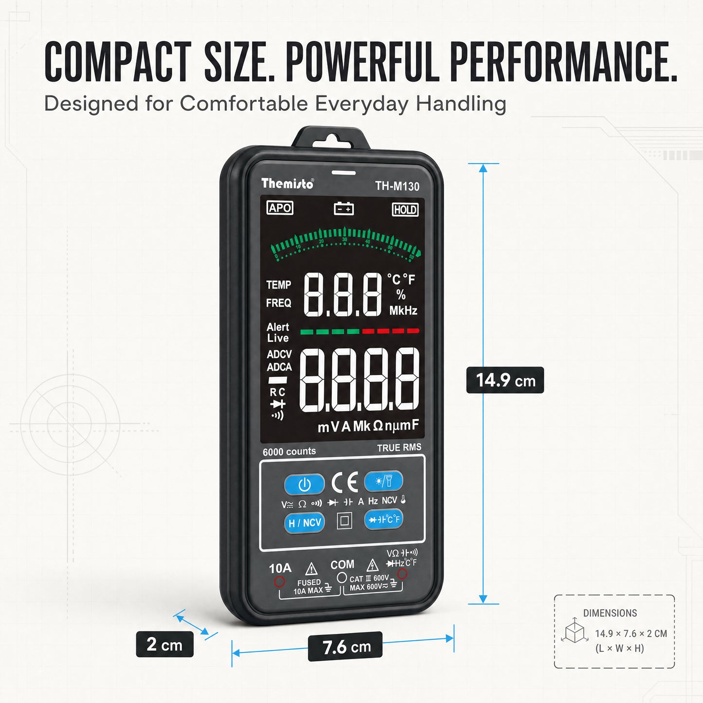 Themisto TH-M130 Smart Digital Multimeter | True RMS | 6000 Counts | Auto Ranging | AC/DC Voltage & Current | NCV | Frequency | Temperature Tester