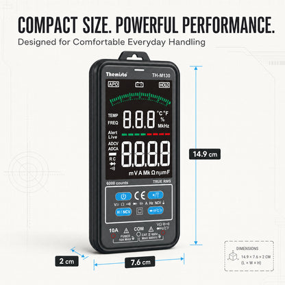 Themisto TH-M130 Smart Digital Multimeter | True RMS | 6000 Counts | Auto Ranging | AC/DC Voltage & Current | NCV | Frequency | Temperature Tester