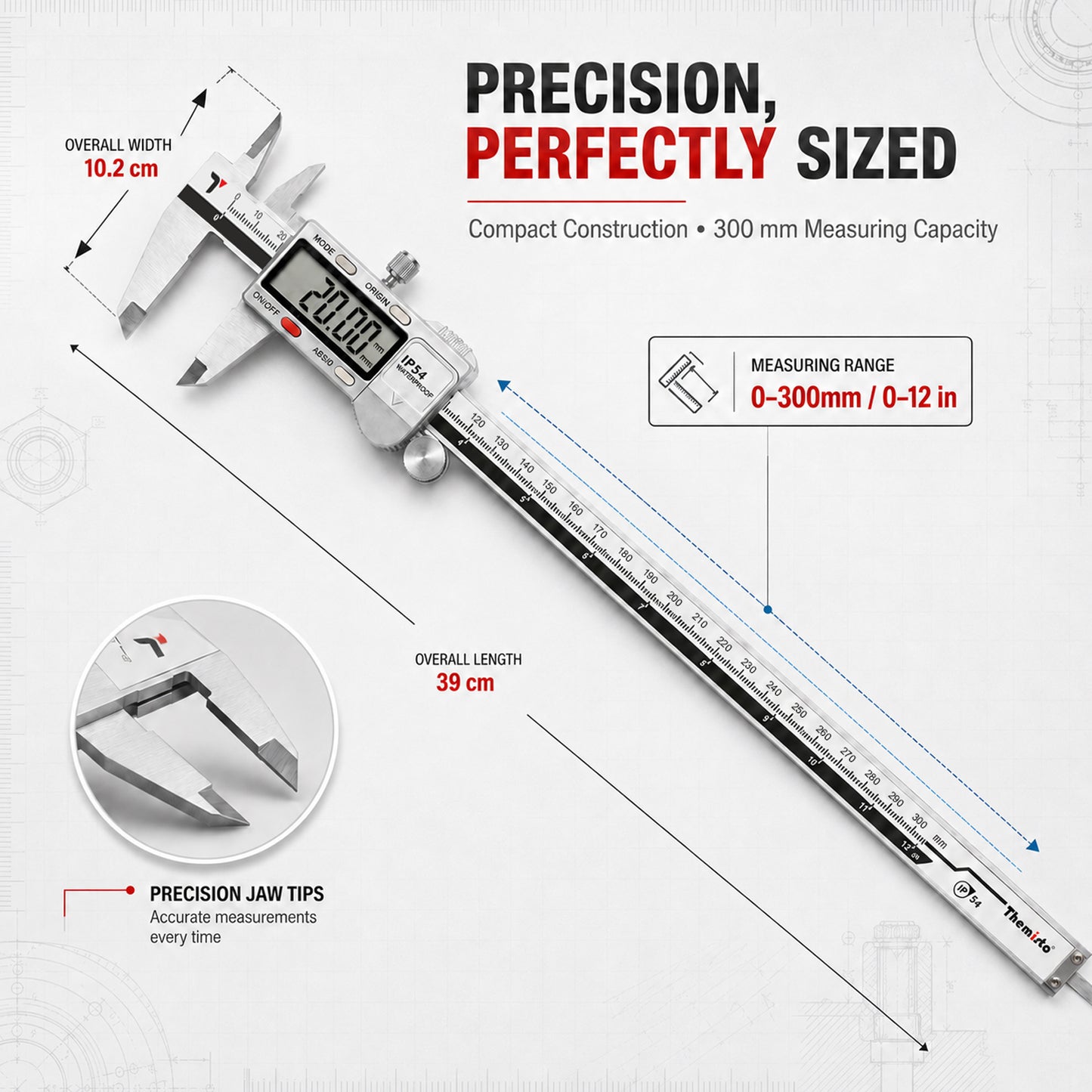 Themisto TH-M65 Digital Vernier Calliper (0–300mm) | Stainless Steel | LCD Display | 4 Measurement Modes | Inch/mm Conversion | Zero Setting | Precision Measuring Tool