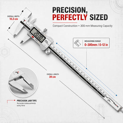Themisto TH-M65 Digital Vernier Calliper (0–300mm) | Stainless Steel | LCD Display | 4 Measurement Modes | Inch/mm Conversion | Zero Setting | Precision Measuring Tool