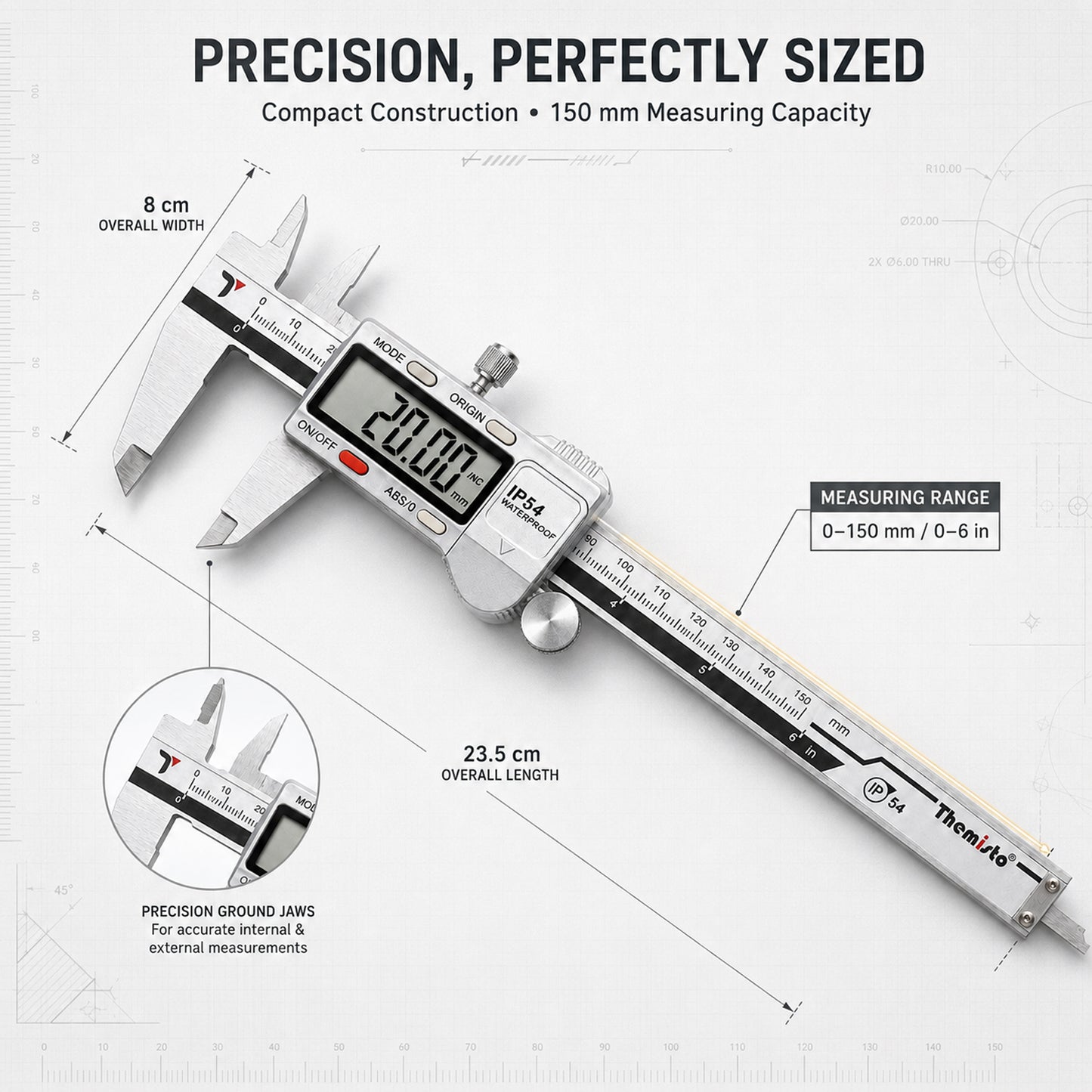 Themisto TH-M65 Digital Vernier Calliper (0–150mm) | Stainless Steel | LCD Display | 4 Measurement Modes | Inch/mm Conversion | Zero Setting | Precision Measuring Tool