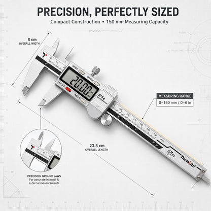 Themisto TH-M65 Digital Vernier Calliper (0–150mm) | Stainless Steel | LCD Display | 4 Measurement Modes | Inch/mm Conversion | Zero Setting | Precision Measuring Tool