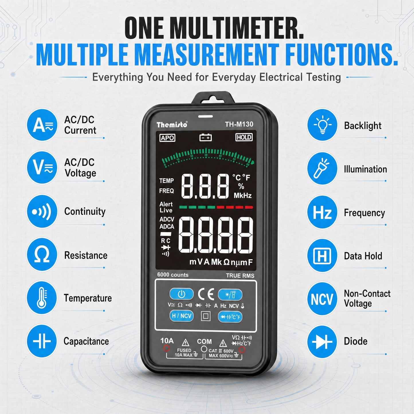 Themisto TH-M130 Smart Digital Multimeter | True RMS | 6000 Counts | Auto Ranging | AC/DC Voltage & Current | NCV | Frequency | Temperature Tester