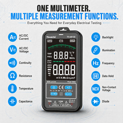 Themisto TH-M130 Smart Digital Multimeter | True RMS | 6000 Counts | Auto Ranging | AC/DC Voltage & Current | NCV | Frequency | Temperature Tester